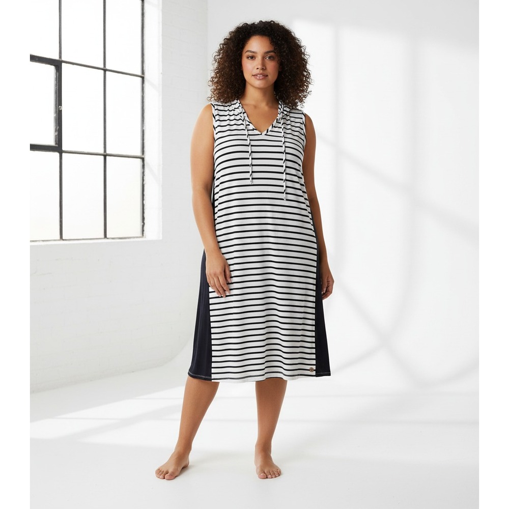 Livi Blue White Stripe Hoodie Knit Dress Midi Coastal Resort Casual Chic 14 16W